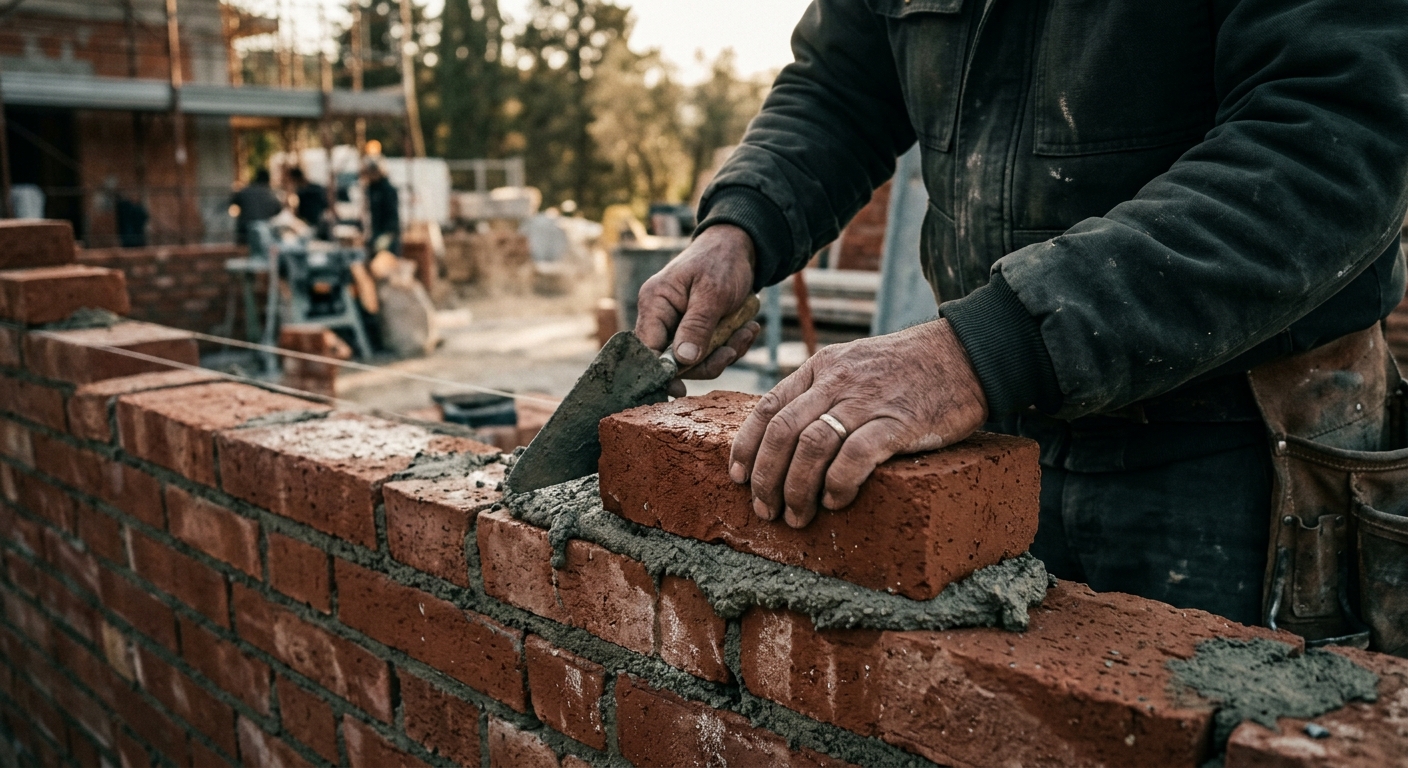 Muratore al lavoro su una parete in costruzione